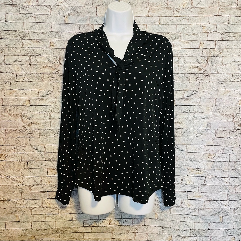 Adrianna Papell Yoke Detail Tie Neck Top Black and white polka dot